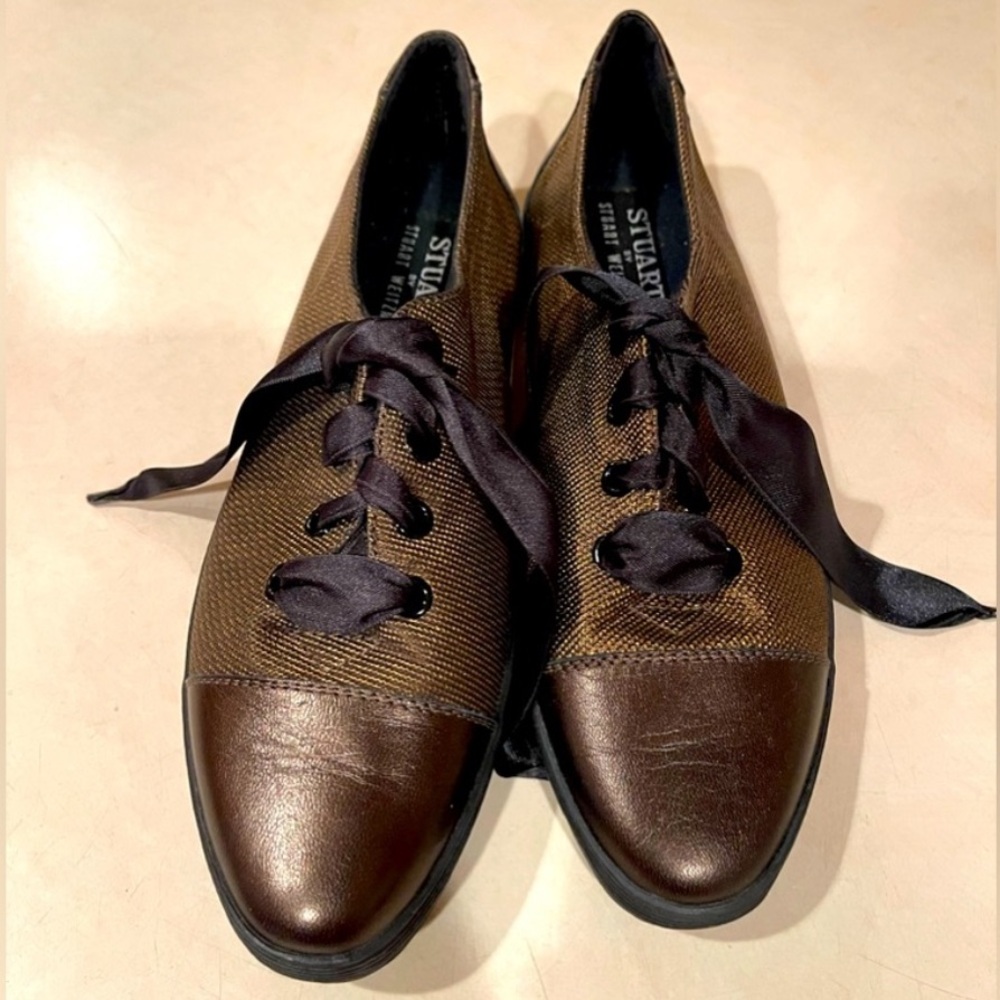 VTG Stuart Weitzman brown tie up metallic shoes woman’s sz 7.5